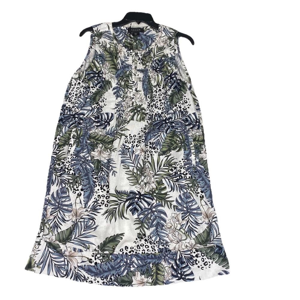 Tahari Linen Blend Shift Pintuck Sleeveless Dress Women Sz M Tropical Print